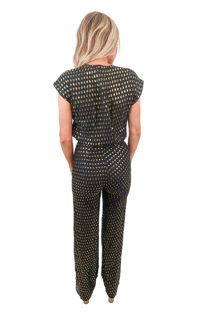 lpa black/gold metallic jumpsuit (xs; retail $165)