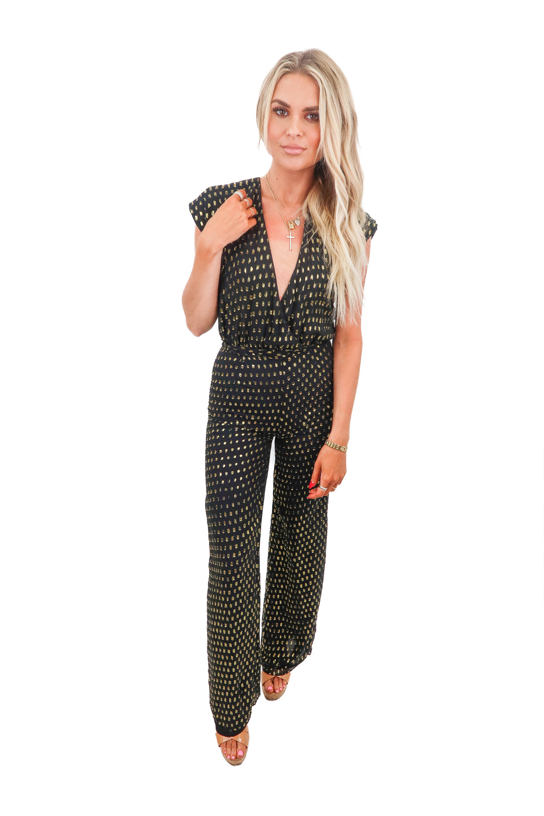 lpa black/gold metallic jumpsuit (xs; retail $165)