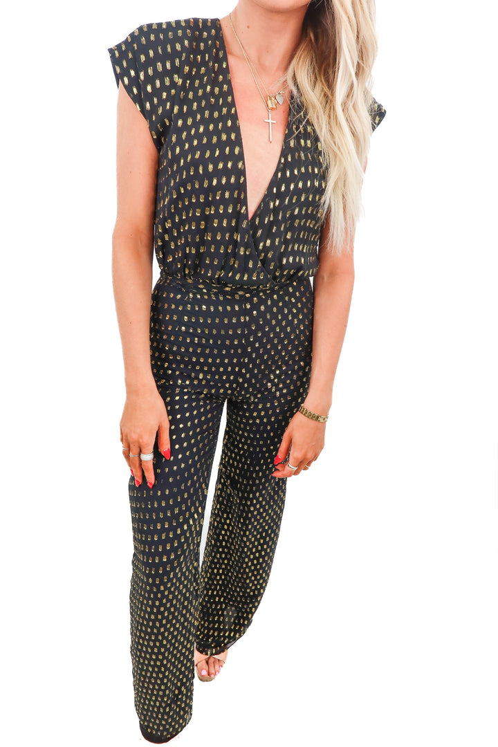 lpa black/gold metallic jumpsuit (xs; retail $165)