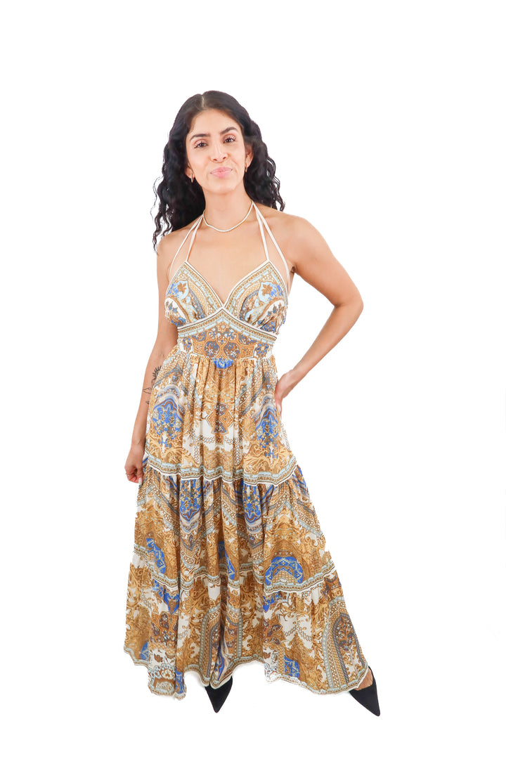 vici strappy gold/blue maxi dress (s; retail $74)