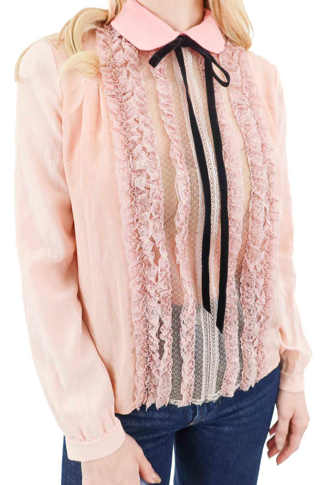gucci pink silk lace long sleeve blouse (38/ US6; retail $2100)