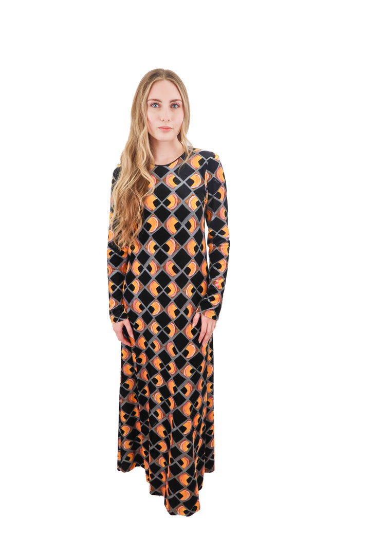 La DoubleJ black printed velvet maxi dress (XS; $1150)