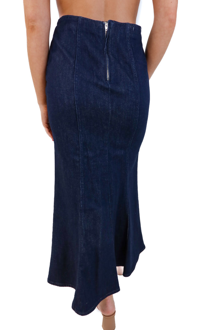 Zara Dark wash denim Fluted Midi Skirt (S; retails for $59.90)