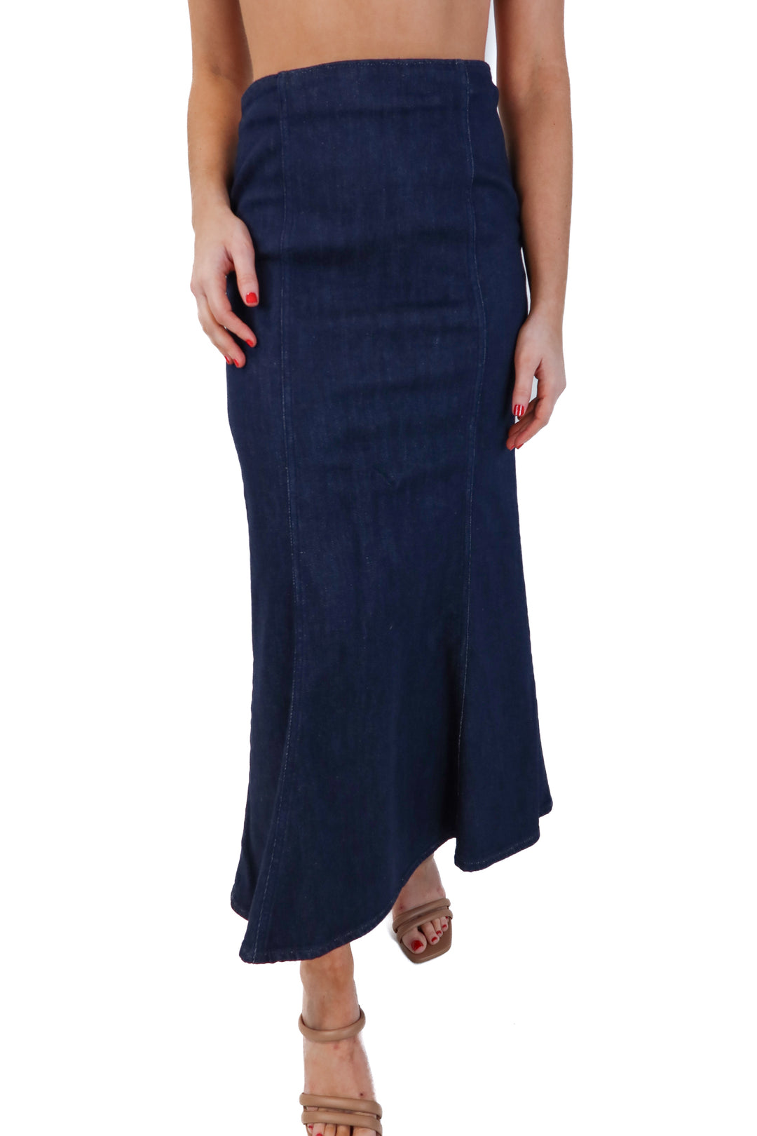 Zara Dark wash denim Fluted Midi Skirt (S; retails for $59.90)