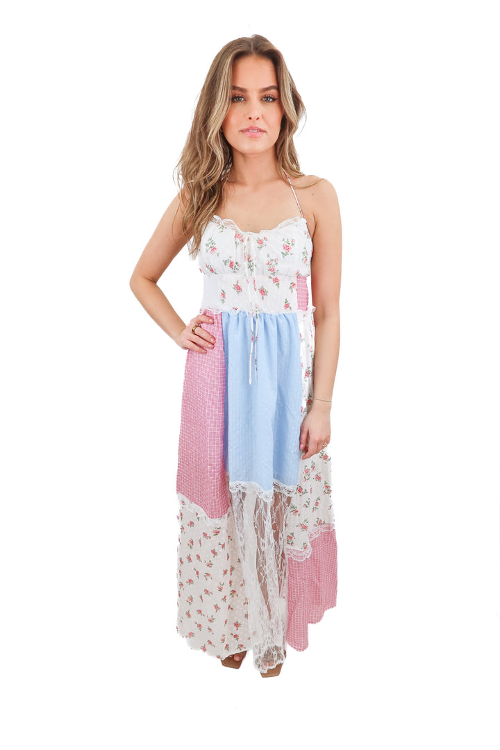 Floral patchwork lace maxi dress (S)