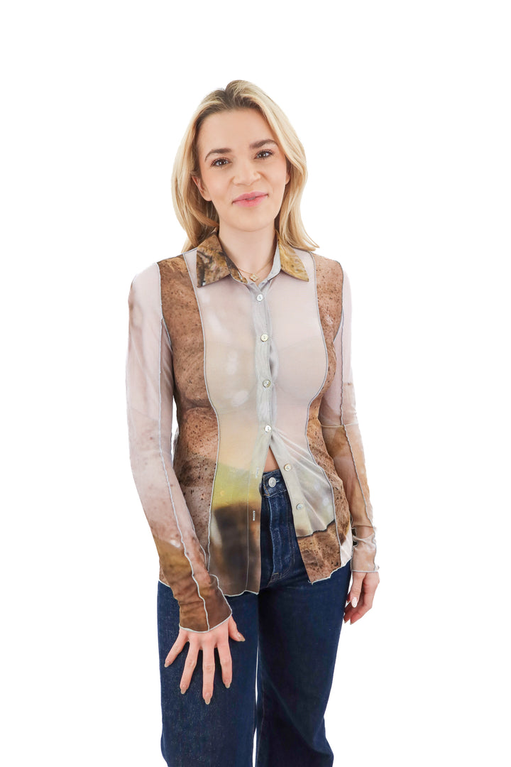 woodrose deli x caroline zimbalist brown mesh top (m; retail $70)