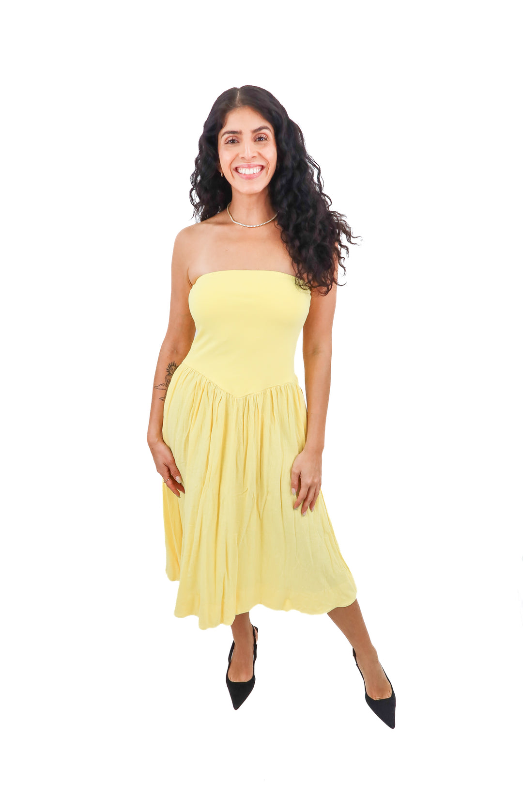 yellow strapless midi dress (S)