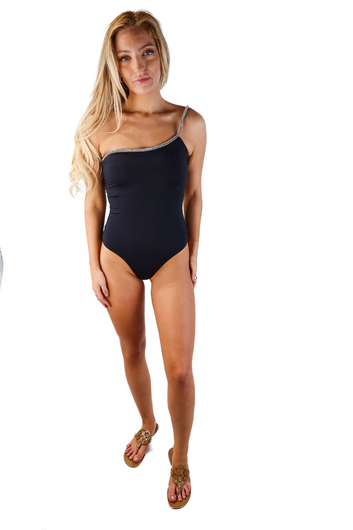 Zara Black and Rhinestone Swimsuit NWT (M)