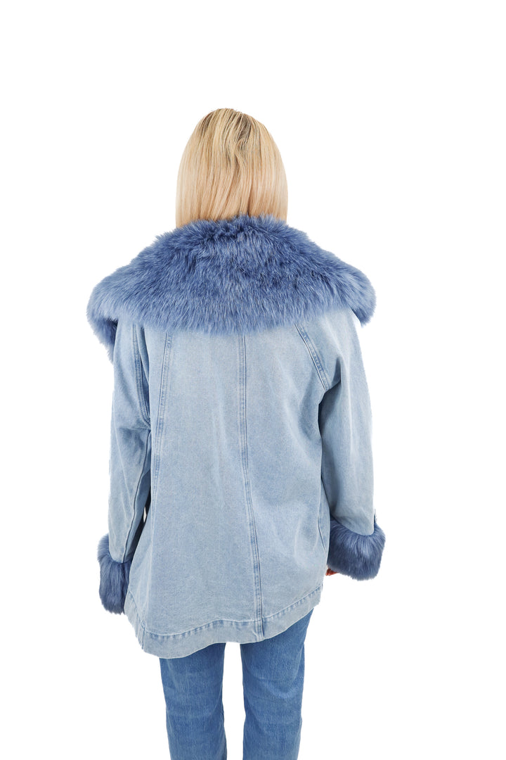 show me your mumu denim fur coat NWT (s; retail $298)