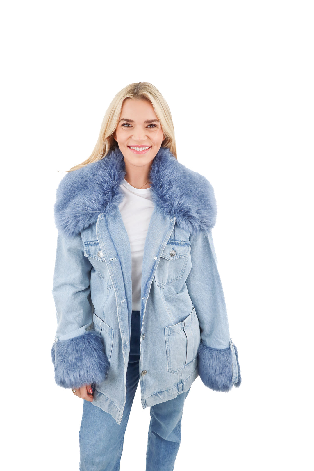 show me your mumu denim fur coat NWT (s; retail $298)