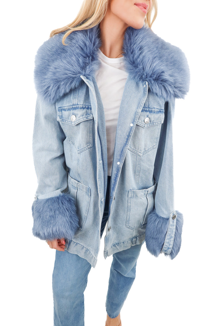 show me your mumu denim fur coat NWT (s; retail $298)