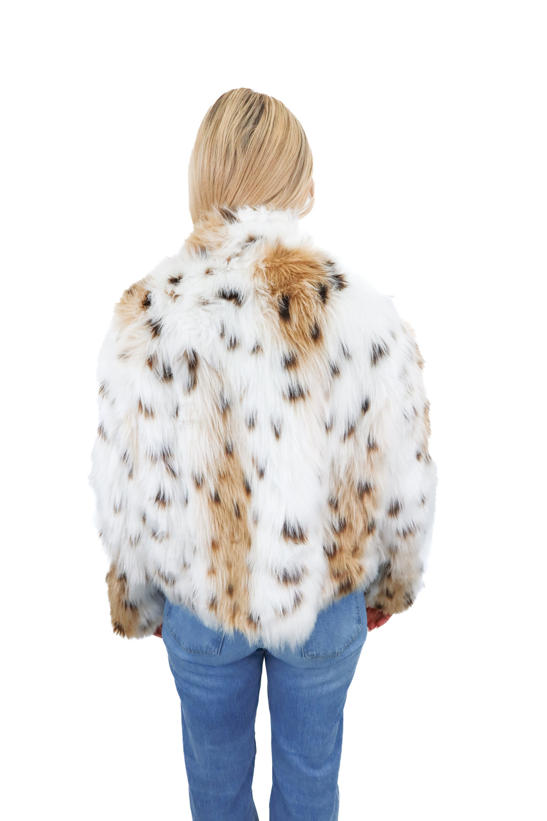 white tan animal print faux fur jacket (S)