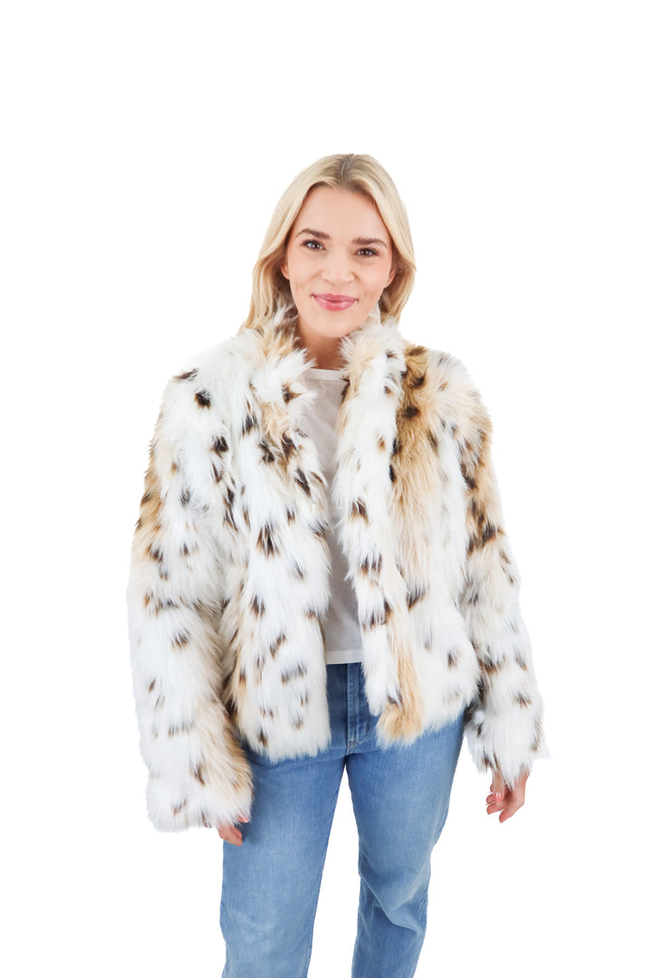 white tan animal print faux fur jacket (S)