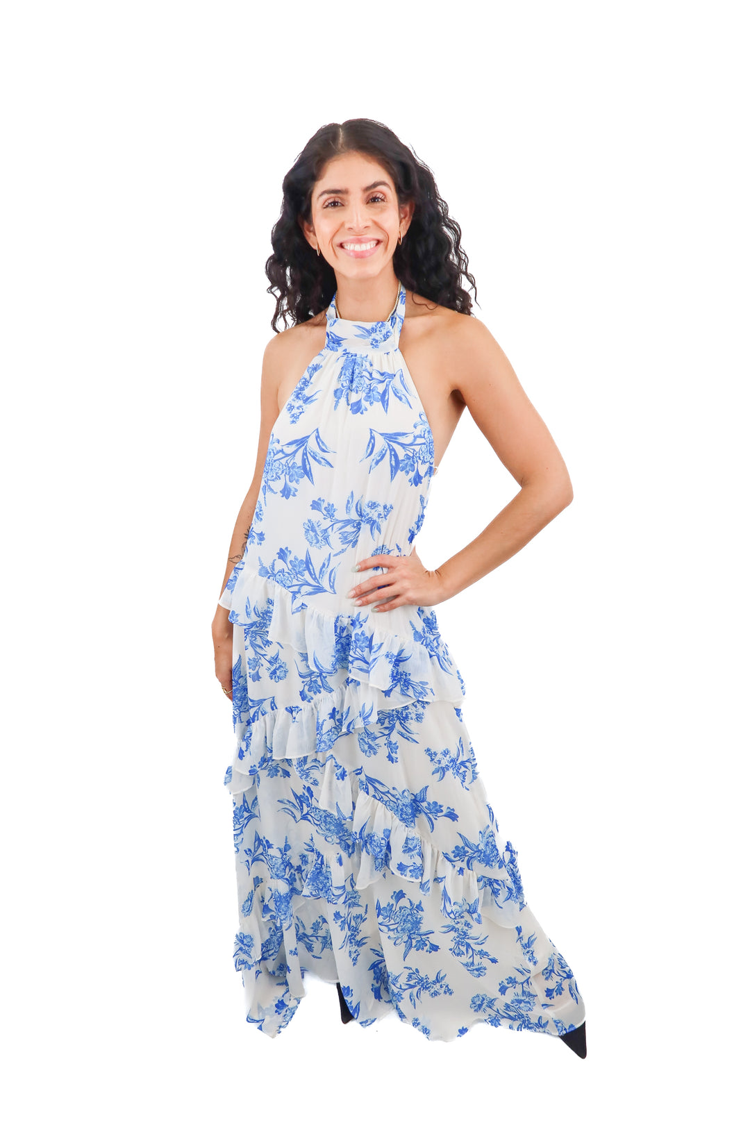 champagne & strawberry white/blue halter maxi dress (s; retail $74)