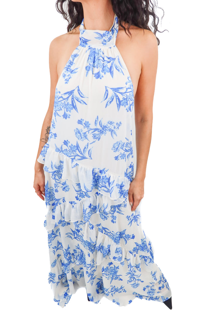 champagne & strawberry white/blue halter maxi dress (s; retail $74)