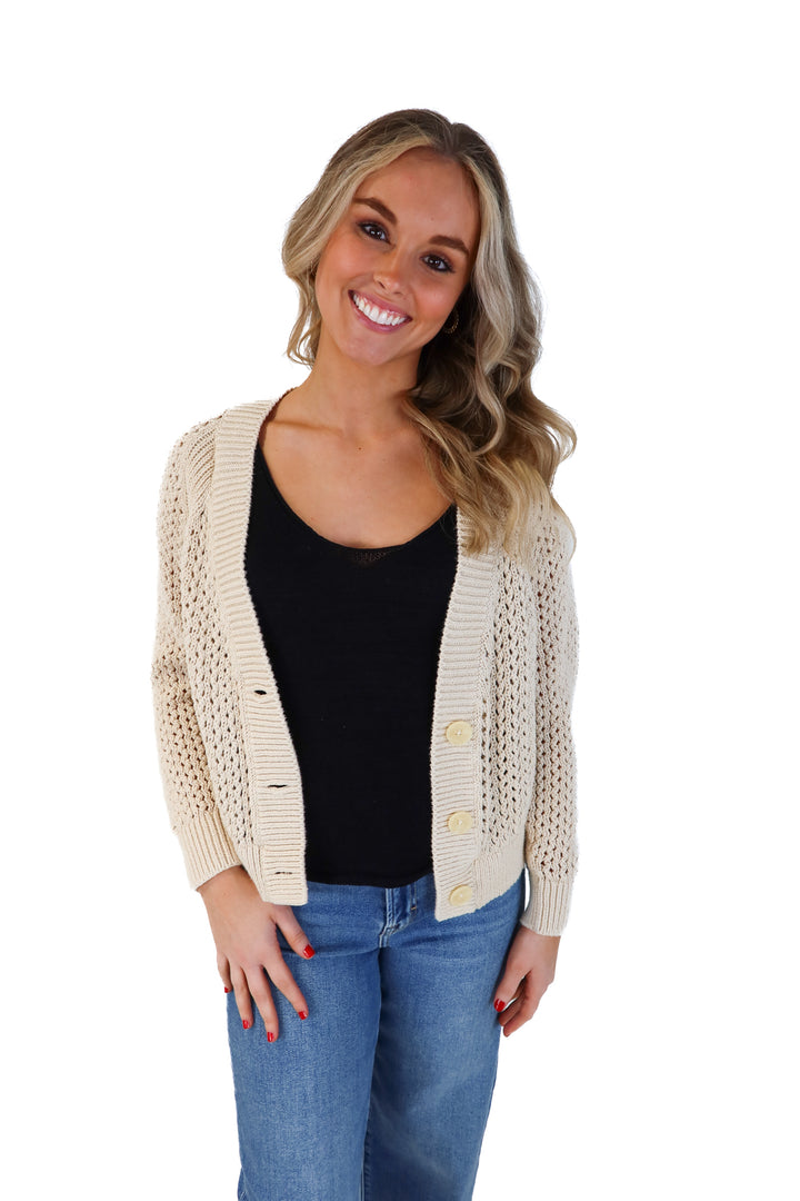 Express tan crotchet cardigan (s*; retails for $74.99)