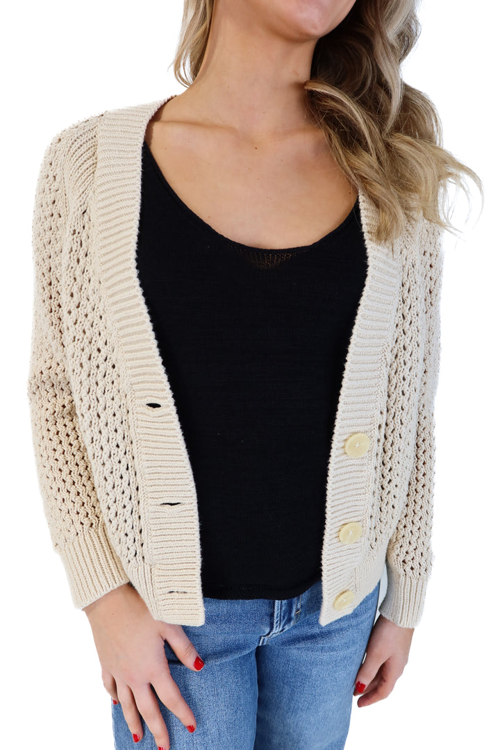 Express tan crotchet cardigan (s*; retails for $74.99)