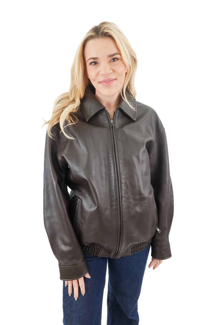 aritzia brown oversized leather bomber jacket (s; retail $550)