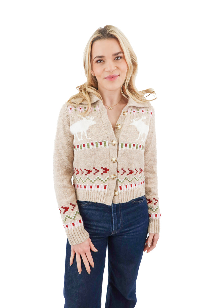 abercrombie & fitch light tan cardigan with moose design nwt (s)