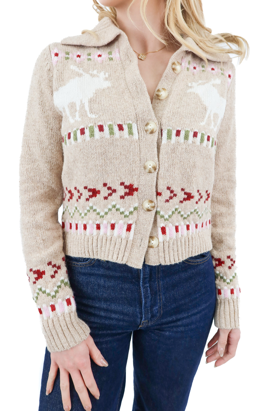 abercrombie & fitch light tan cardigan with moose design nwt (s)