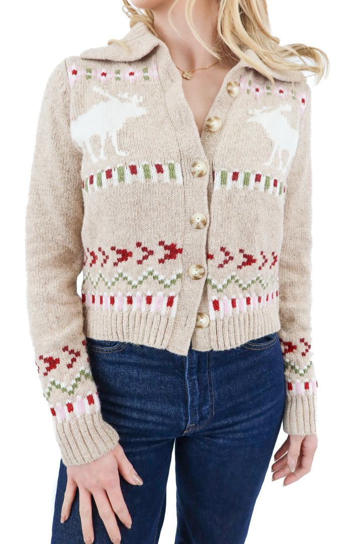 abercrombie & fitch light tan cardigan with moose design nwt (s)