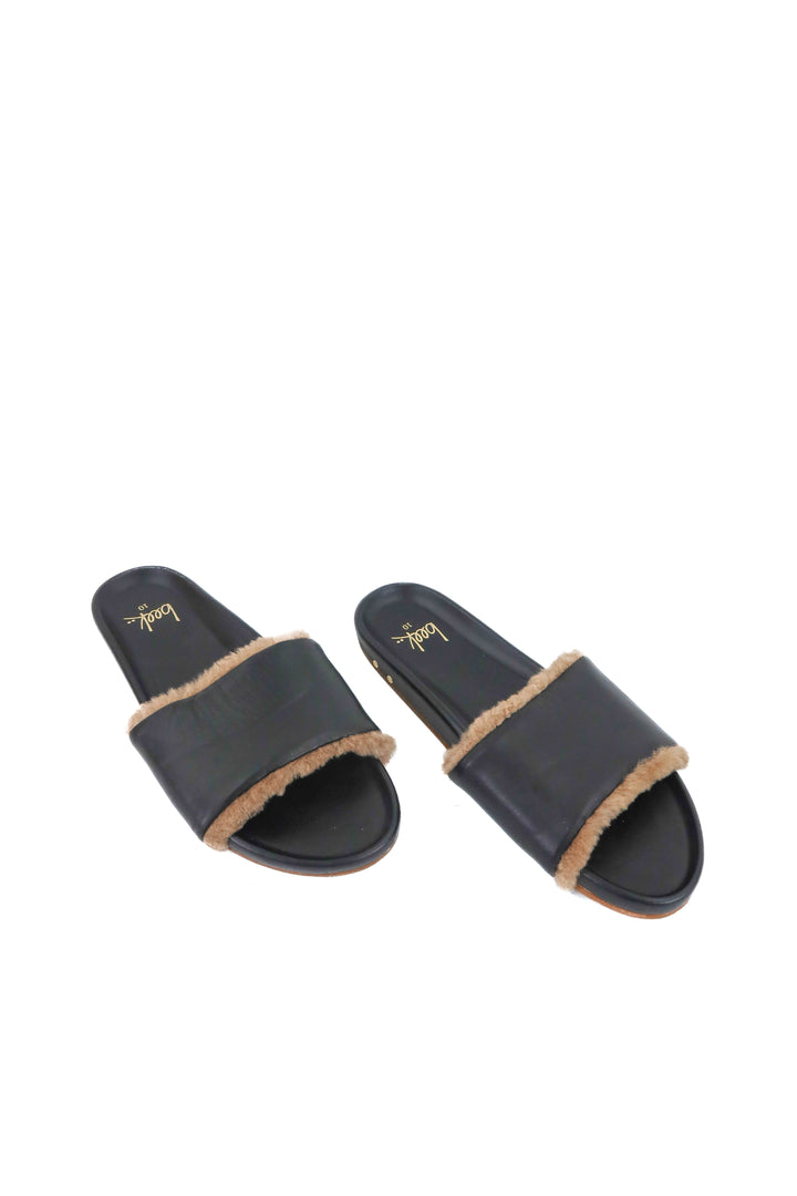 beek black leather slide with fur (10; retail $295)