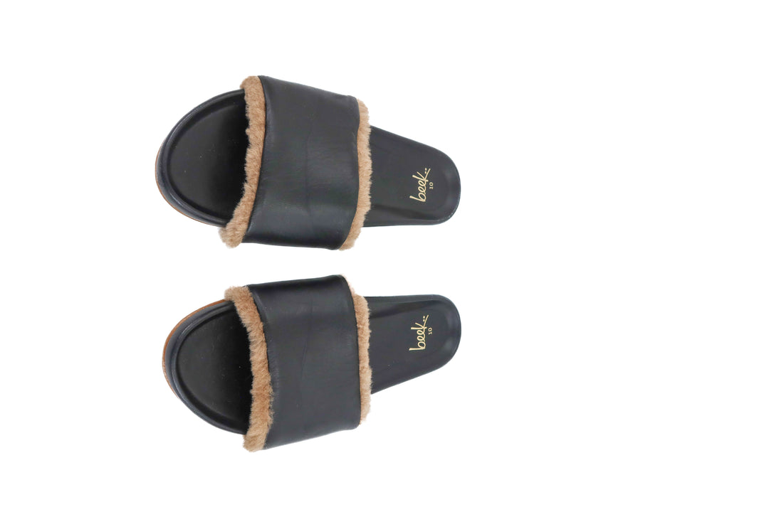 beek black leather slide with fur (10; retail $295)