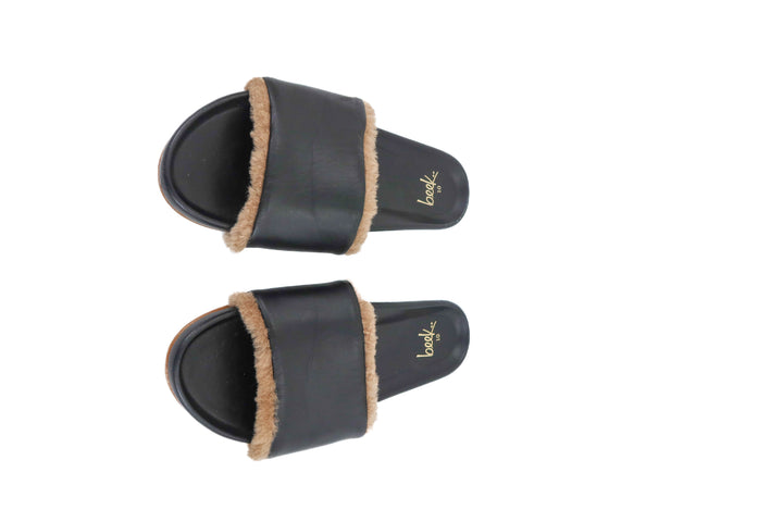 beek black leather slide with fur (10; retail $295)