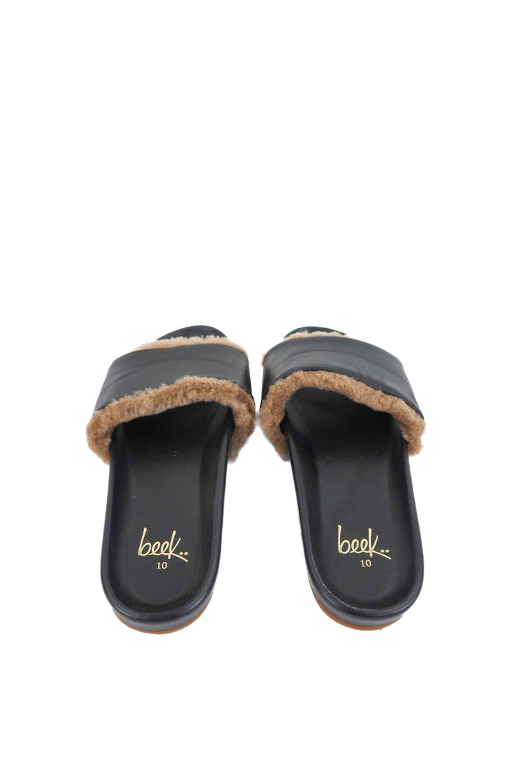 beek black leather slide with fur (10; retail $295)