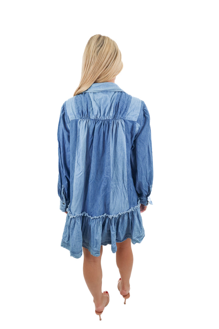 free people denim blocked swing dress (xs; retail $168)