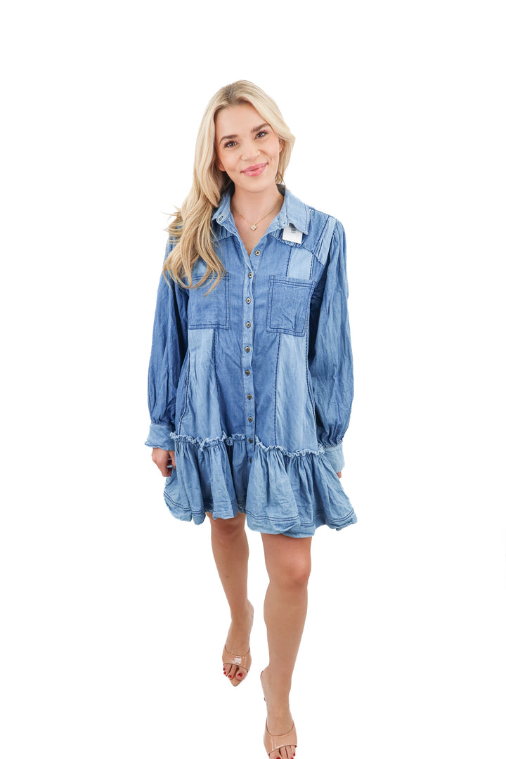 free people denim blocked swing dress (xs; retail $168)