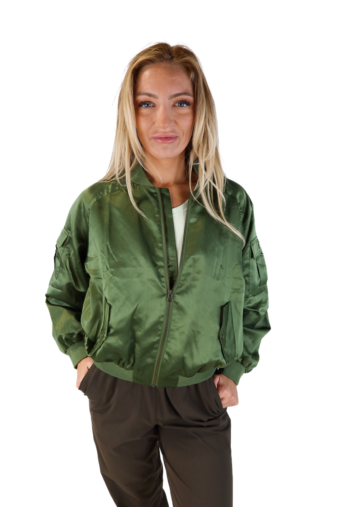 Venus green satin bomber jacket (s; retails for $65)