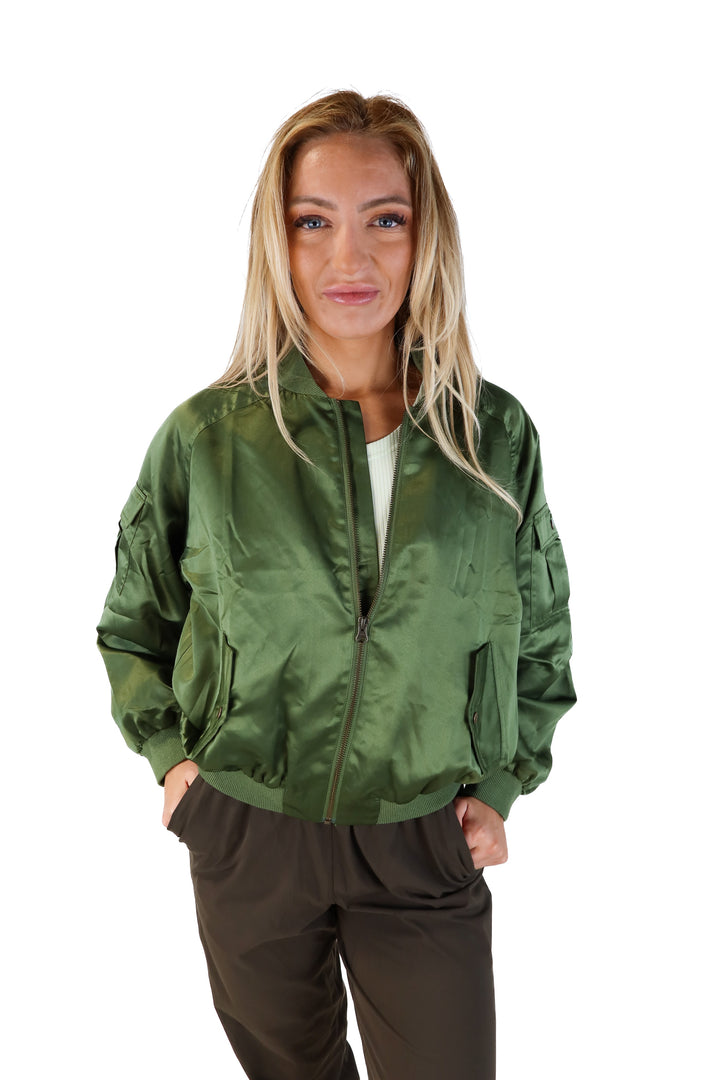 Venus green satin bomber jacket (s; retails for $65)