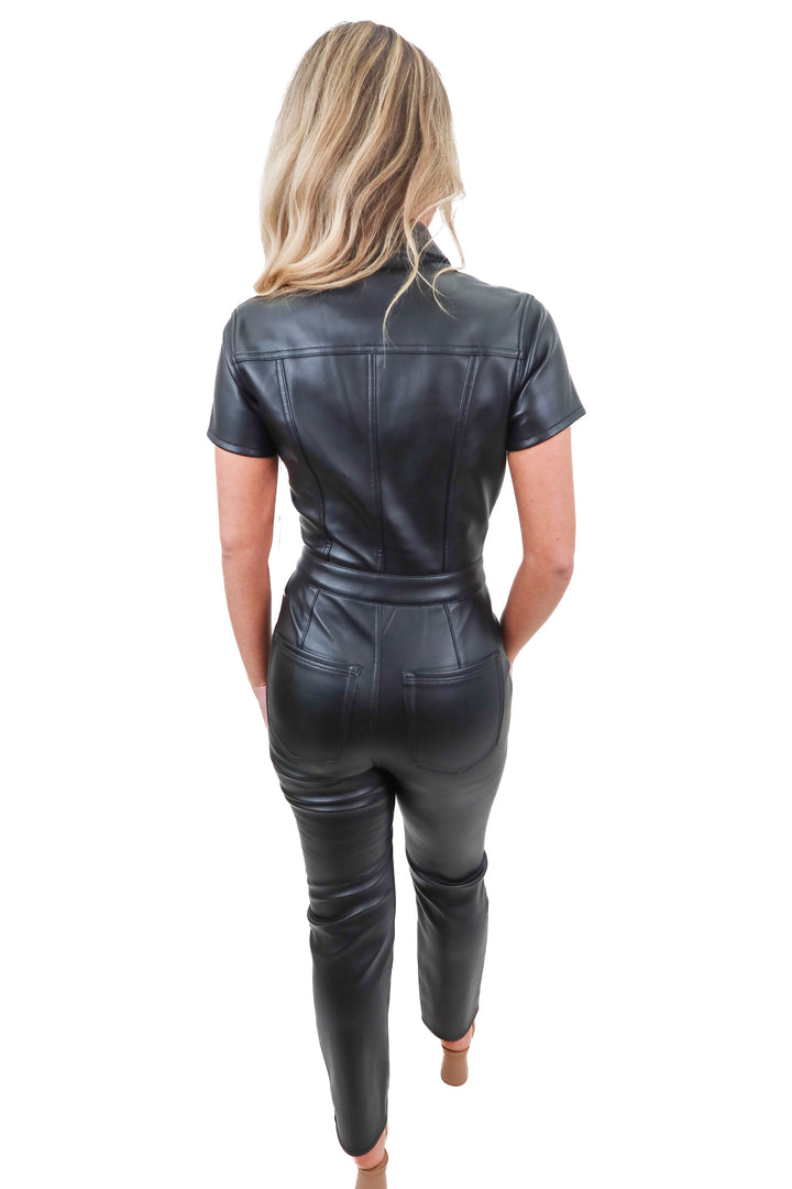 good american black vegan leather jumpsuit NWT (0; retail $195)