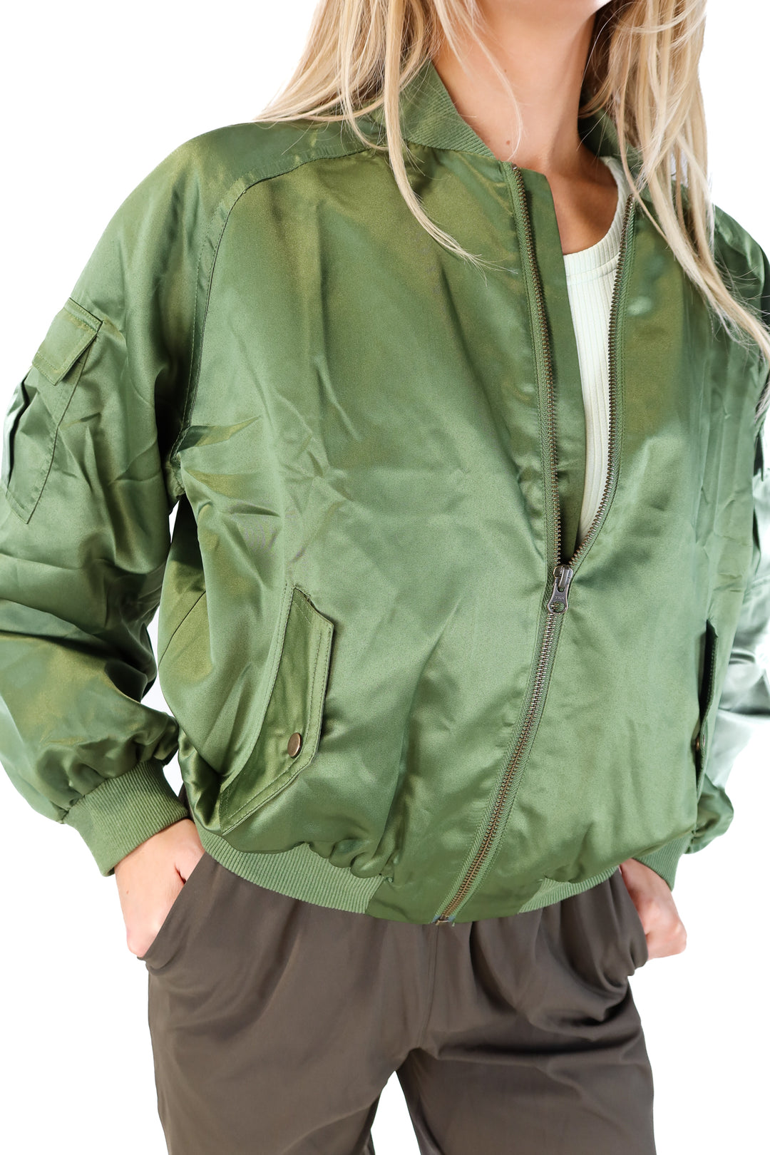Venus green satin bomber jacket (s; retails for $65)