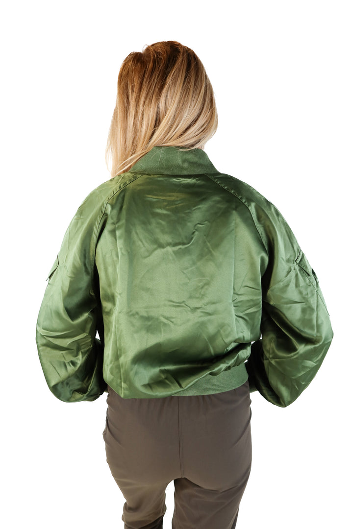 Venus green satin bomber jacket (s; retails for $65)