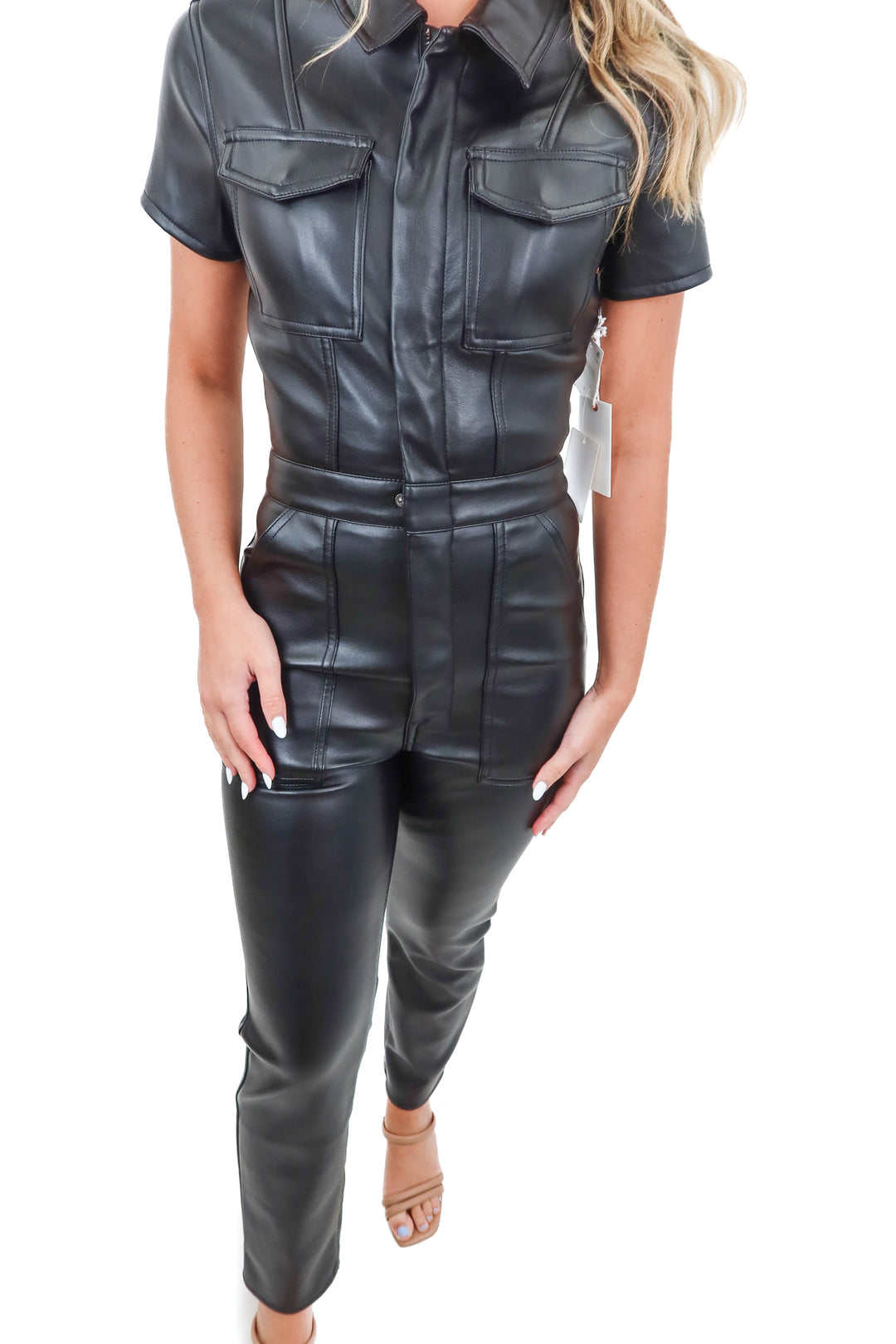 good american black vegan leather jumpsuit NWT (0; retail $195)