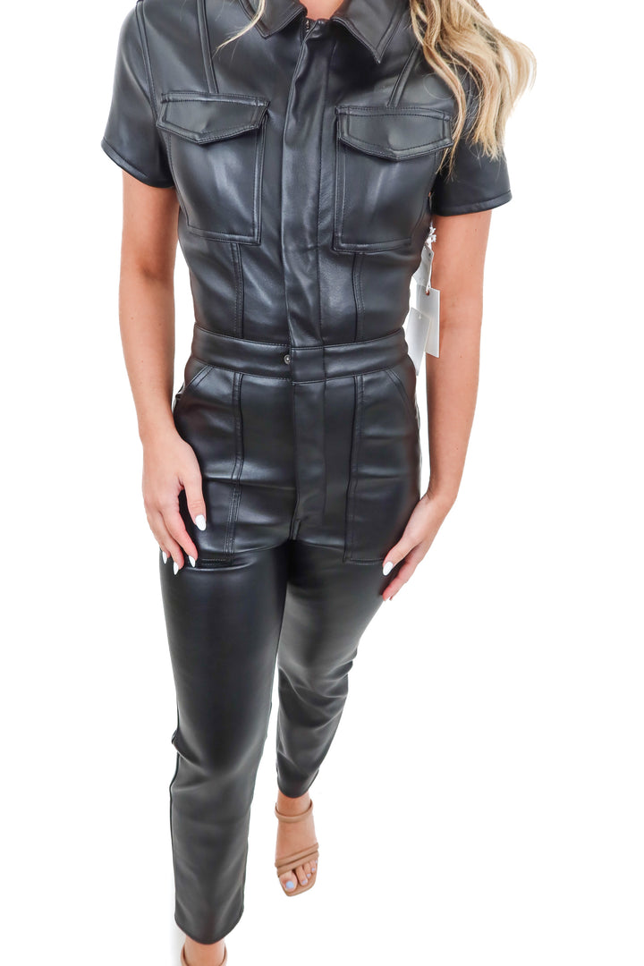 good american black vegan leather jumpsuit NWT (0; retail $195)