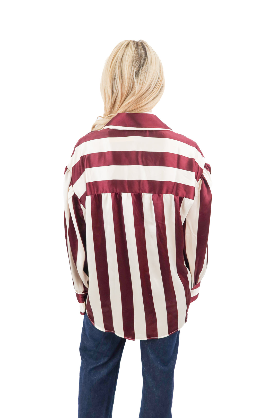 Asos design satin burgundy striped button up (M)