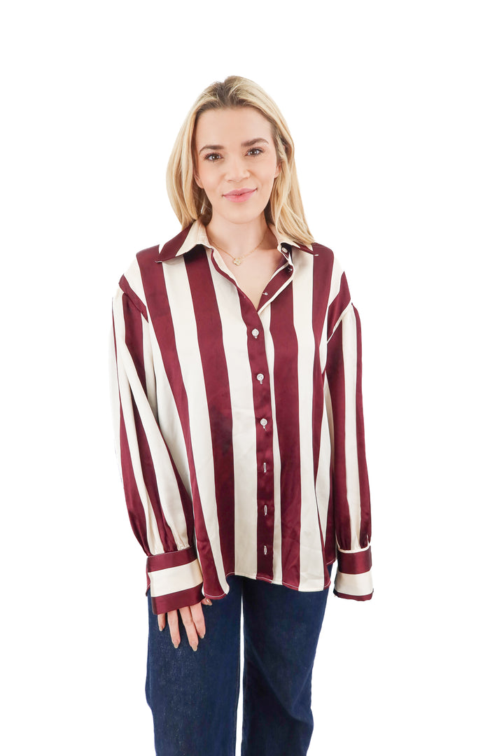 Asos design satin burgundy striped button up (M)