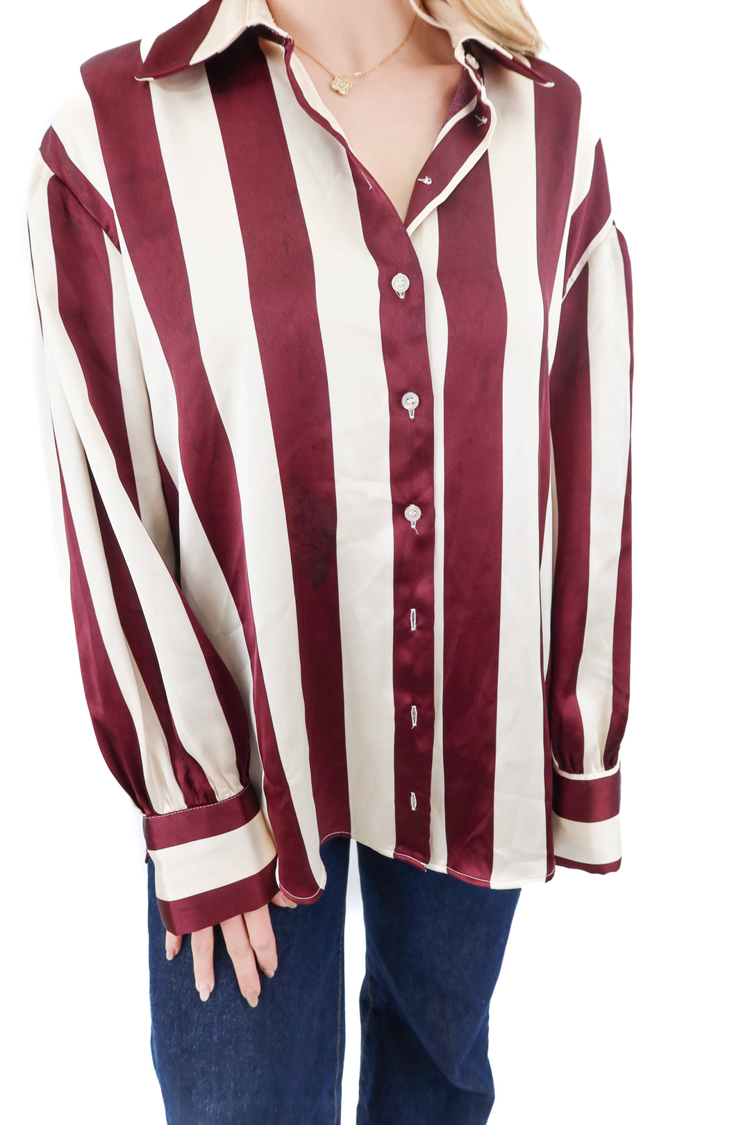 Asos design satin burgundy striped button up (M)