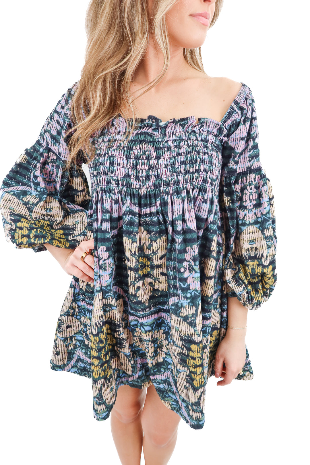 Free People multi print 3/4 sleeve mini dress (S)