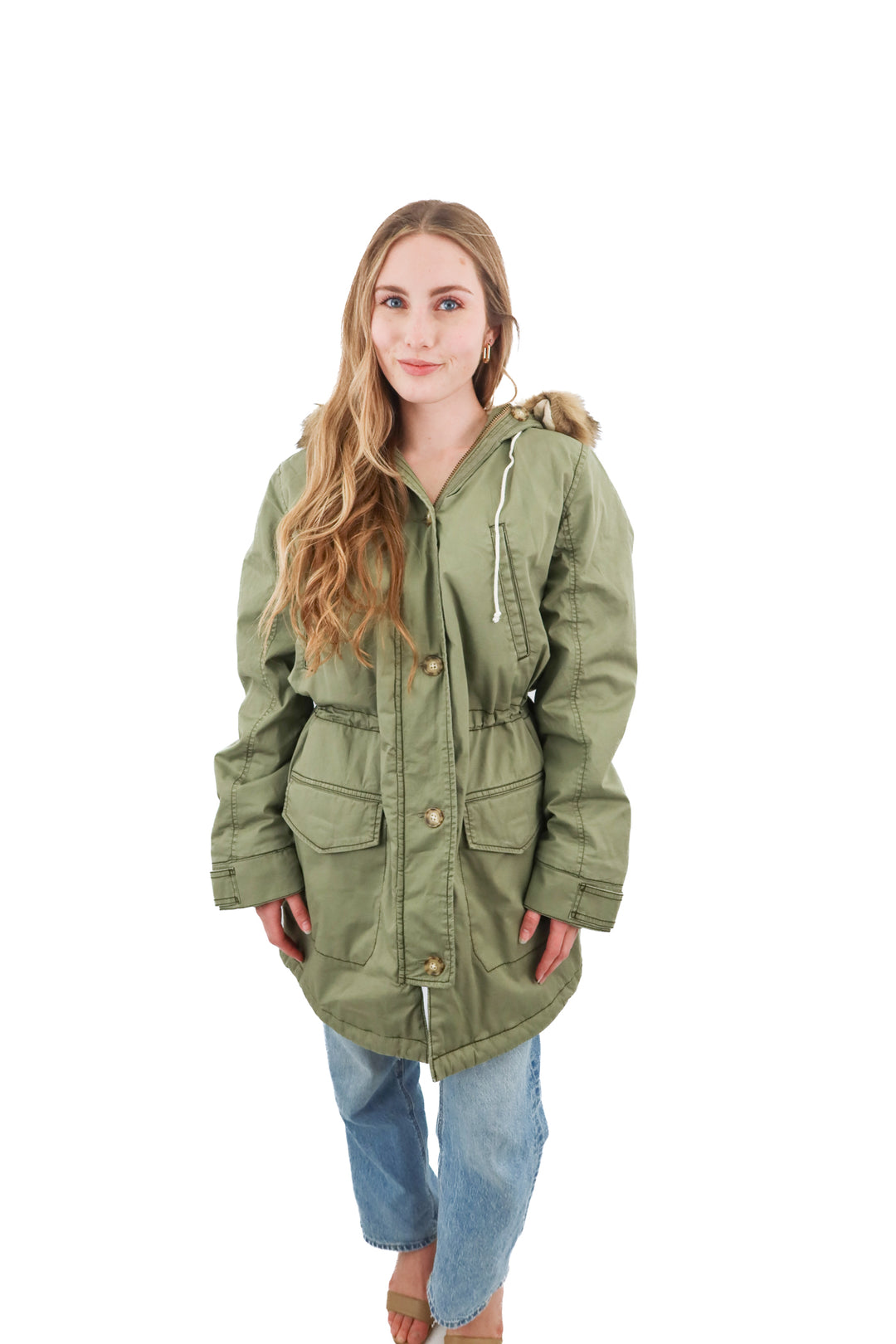 abercrombie & fitch green and sherpa coat with hood and removeable fur nwot (m)