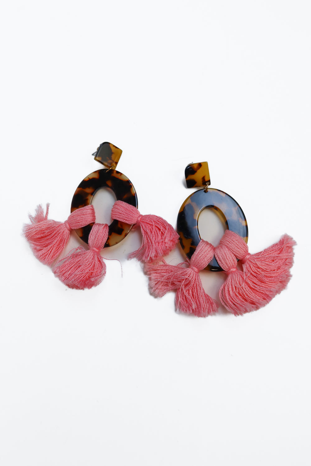 Oval Tortoise shell and pink tassel earrings