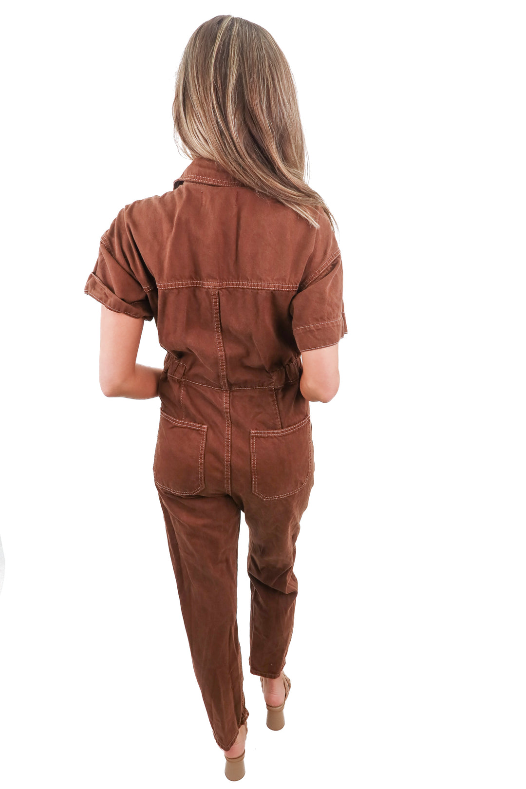 we the free brown denim jumpsuit (s*; retail $200)