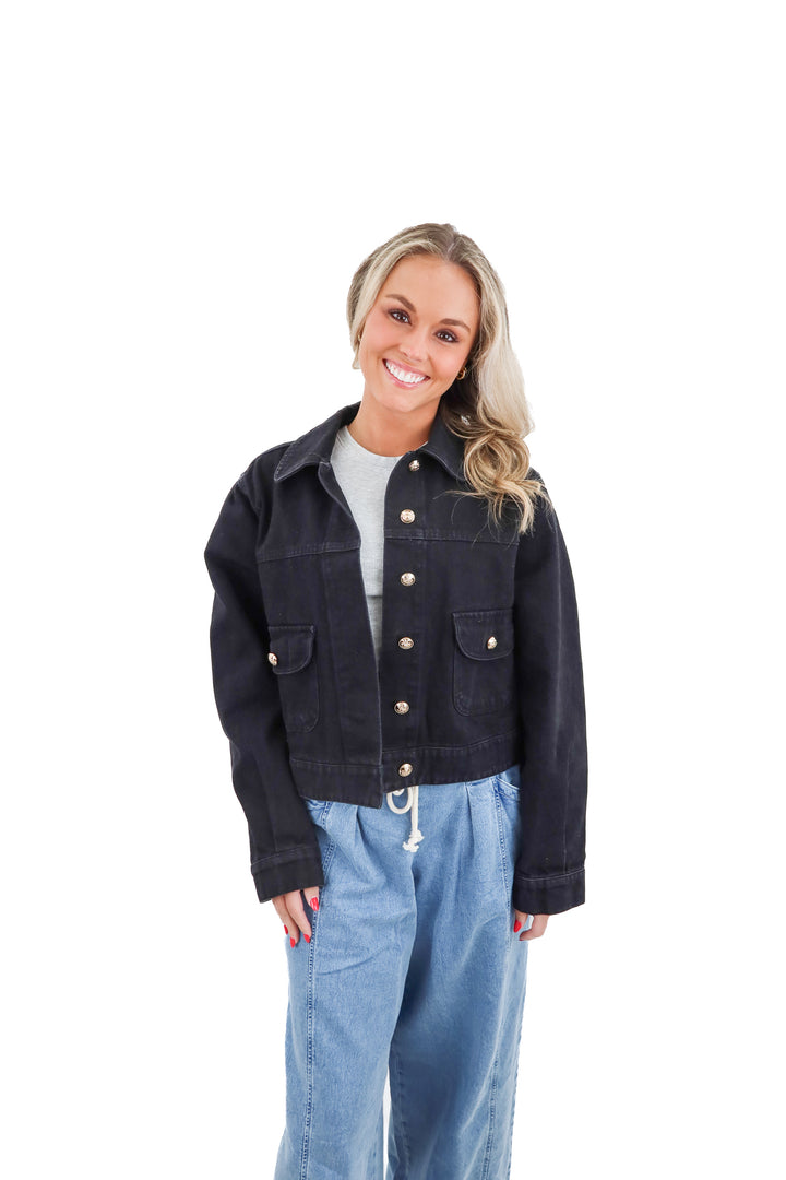 vici black cropped denim jacket (s; retail $68)
