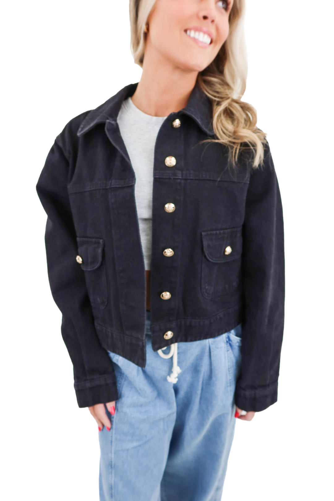 vici black cropped denim jacket (s; retail $68)