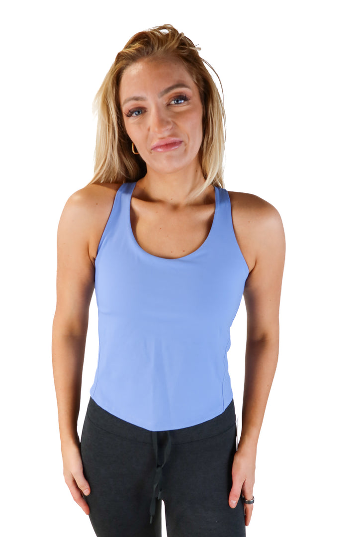 Spanx blue criss cross workout tank (s; retails for $68)