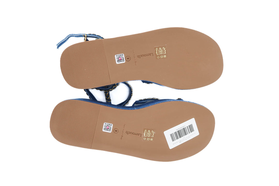 larroude blue and gold chain platform sandal (9; retail $375)