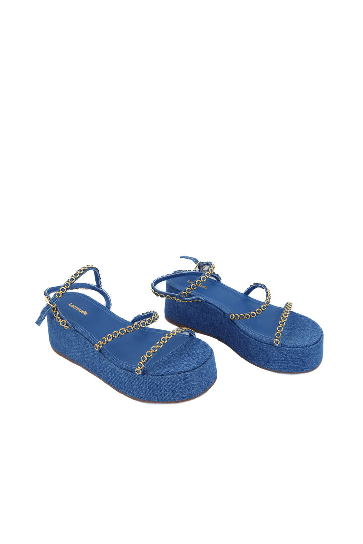larroude blue and gold chain platform sandal (9; retail $375)